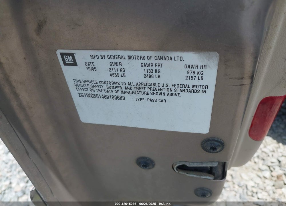 2006 CHEVROLET IMPALA VIN: 2G1WC581469190680
