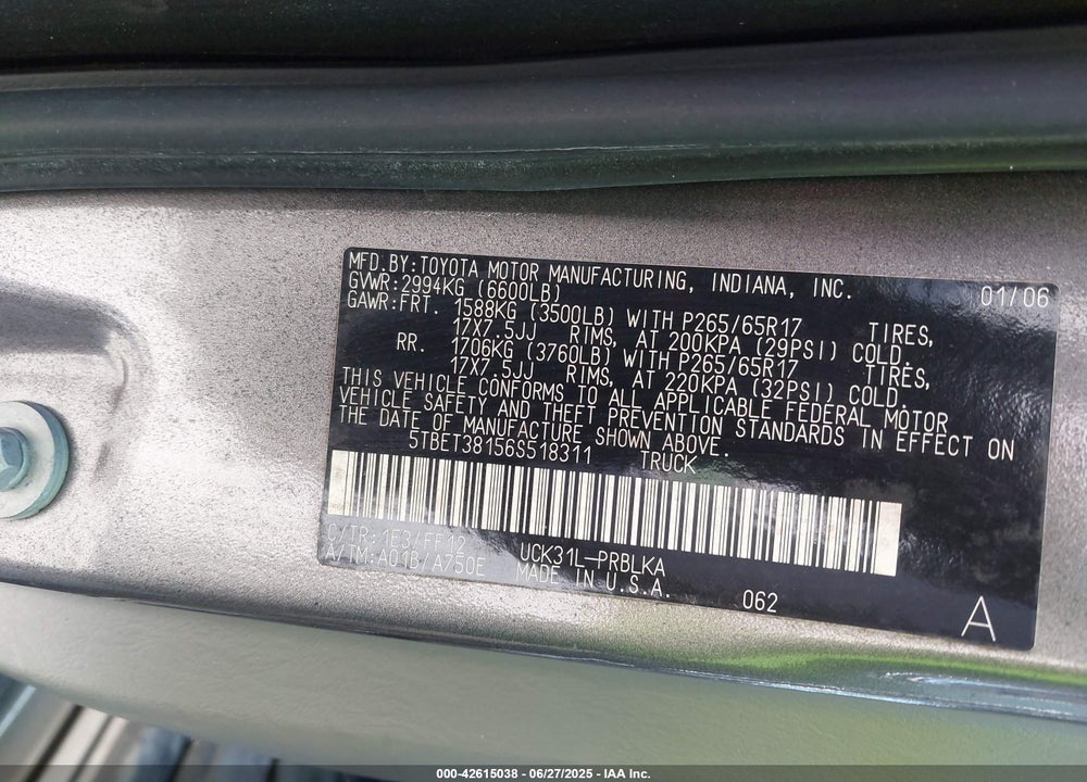 2006 TOYOTA TUNDRA VIN: 5TBET38156S518311