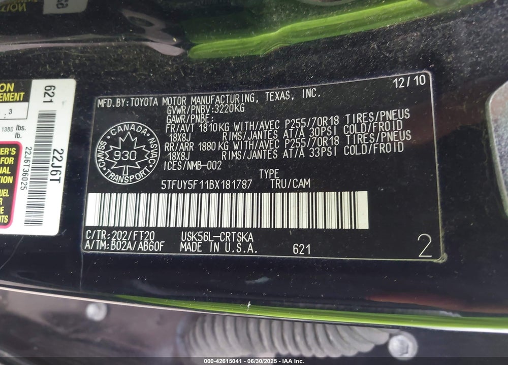 2011 TOYOTA TUNDRA VIN: 5TFUY5F11BX181787