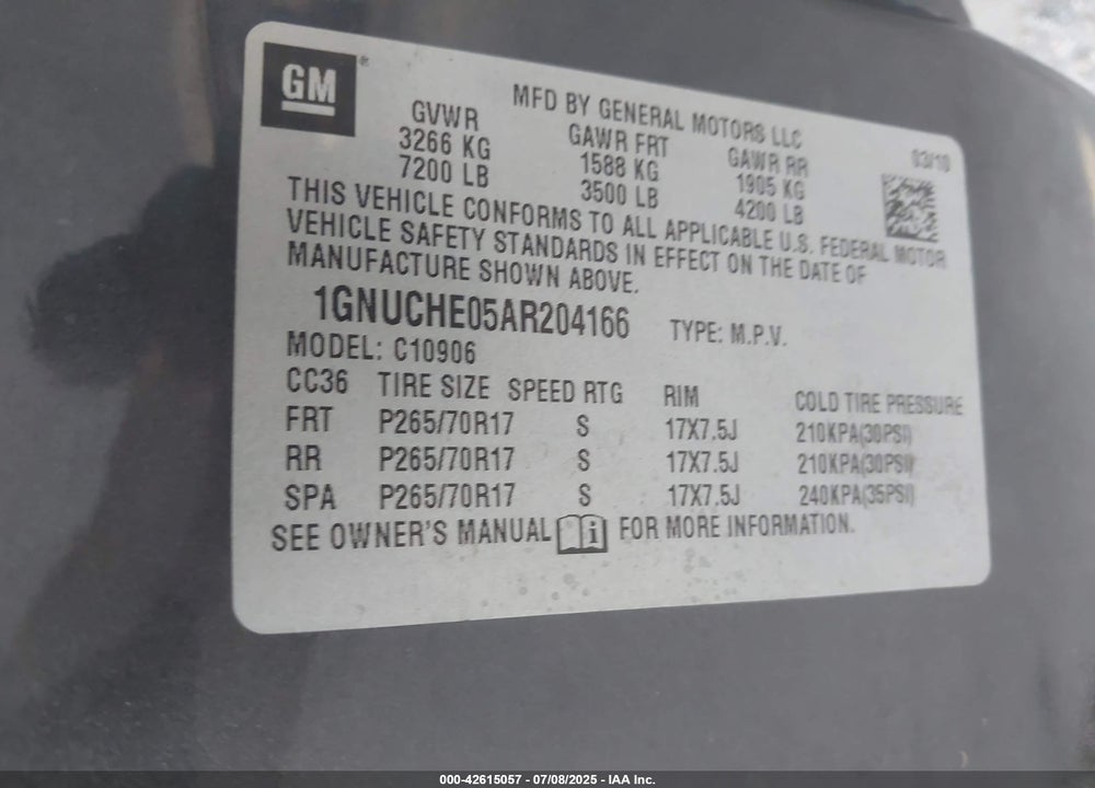 2010 CHEVROLET SUBURBAN 1500 LS VIN: 1GNUCHE05AR204166