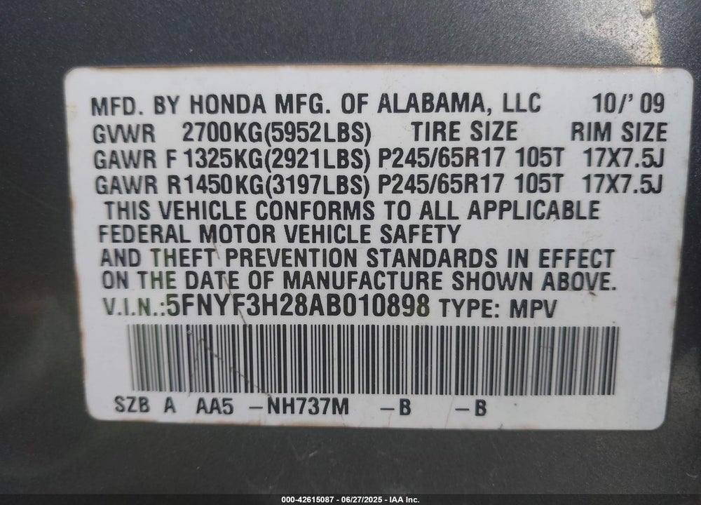 2010 HONDA PILOT VIN: 5FNYF3H28AB010898