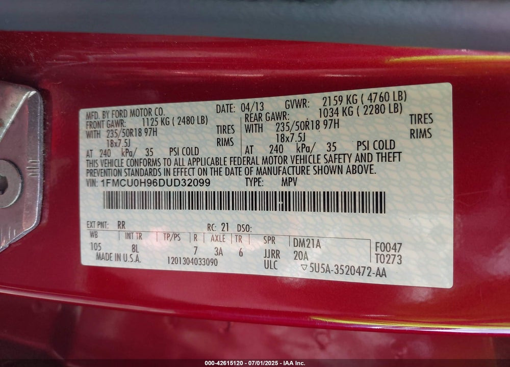 2013 FORD ESCAPE SEL VIN: 1FMCU0H96DUD32099