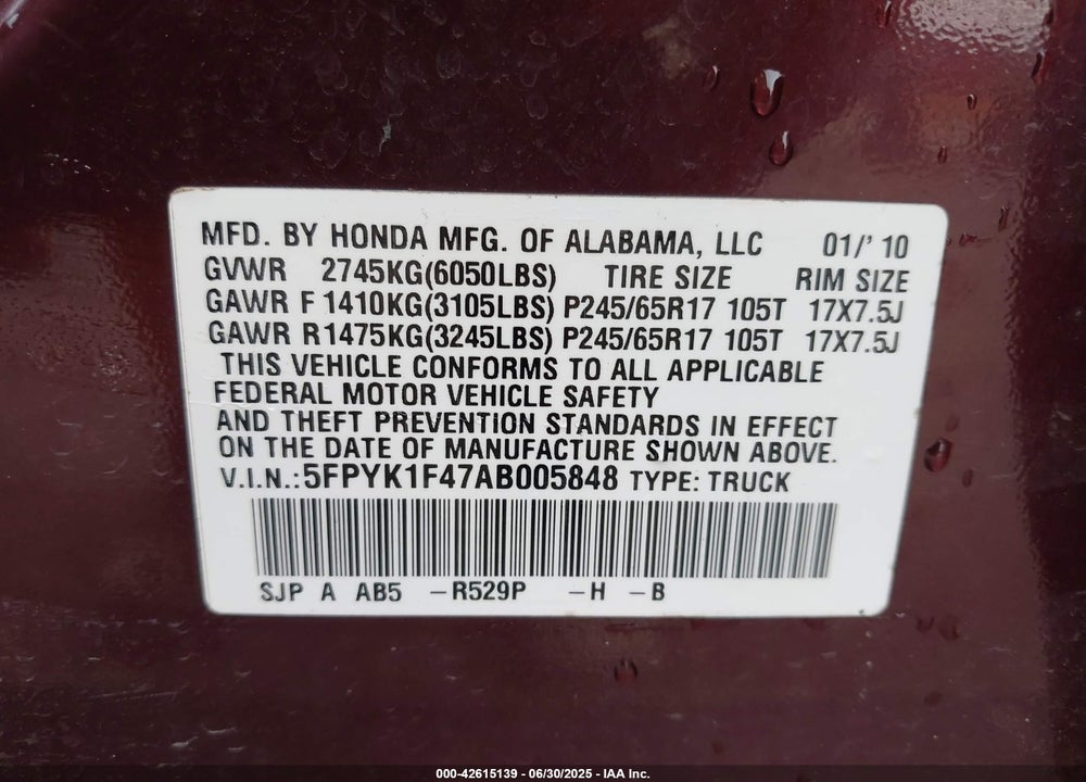 2010 HONDA RIDGELINE VIN: 5FPYK1F47AB005848