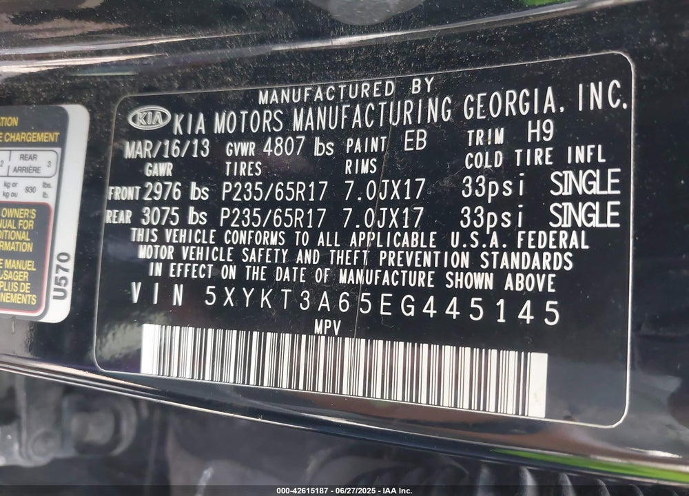 2014 KIA SORENTO VIN: 5XYKT3A65EG445145