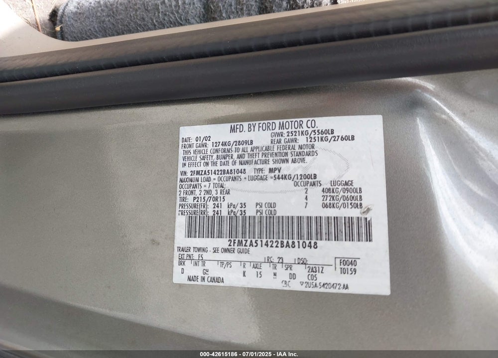 2002 FORD WINDSTAR LX VIN: 2FMZA51422BA81048