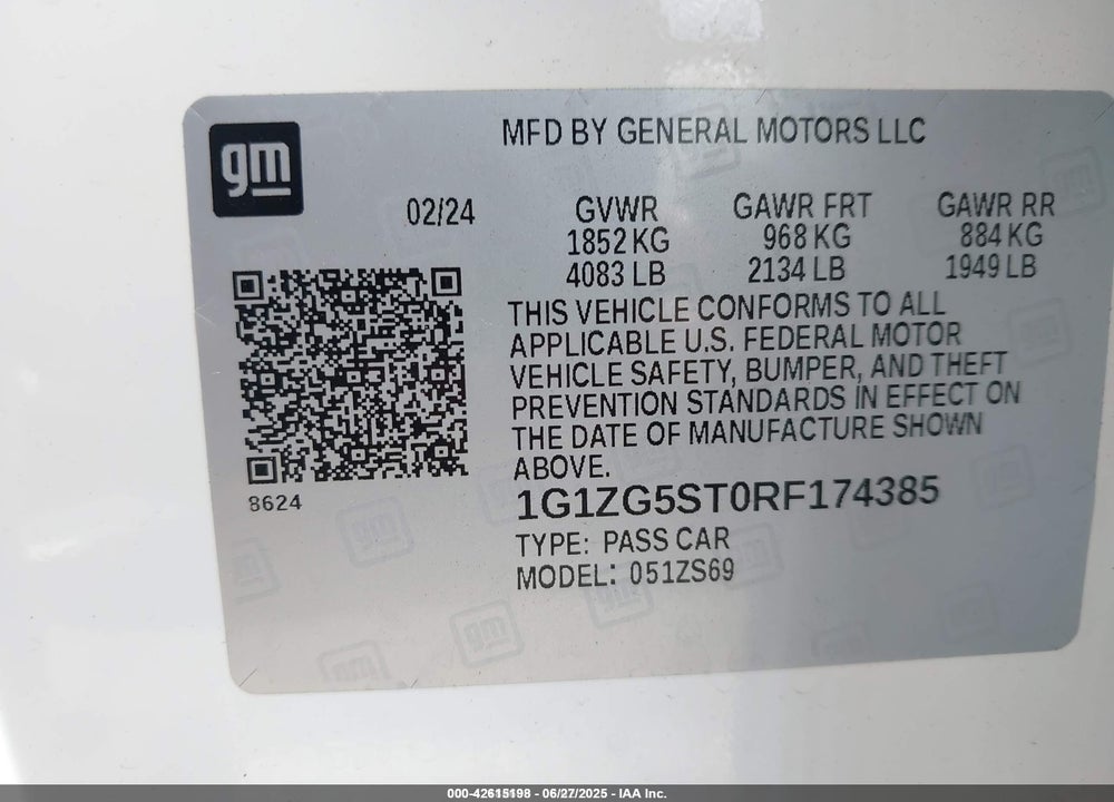 2024 CHEVROLET MALIBU VIN: 1G1ZG5ST0RF174385