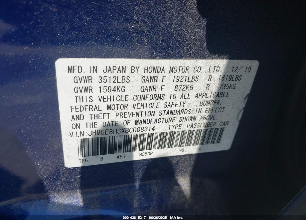 2011 HONDA FIT VIN: JHMGE8H3XBC008314