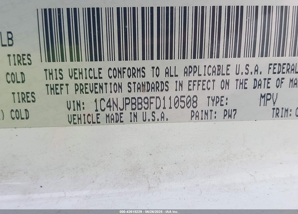 2015 JEEP PATRIOT VIN: 1C4NJPBB9FD110508