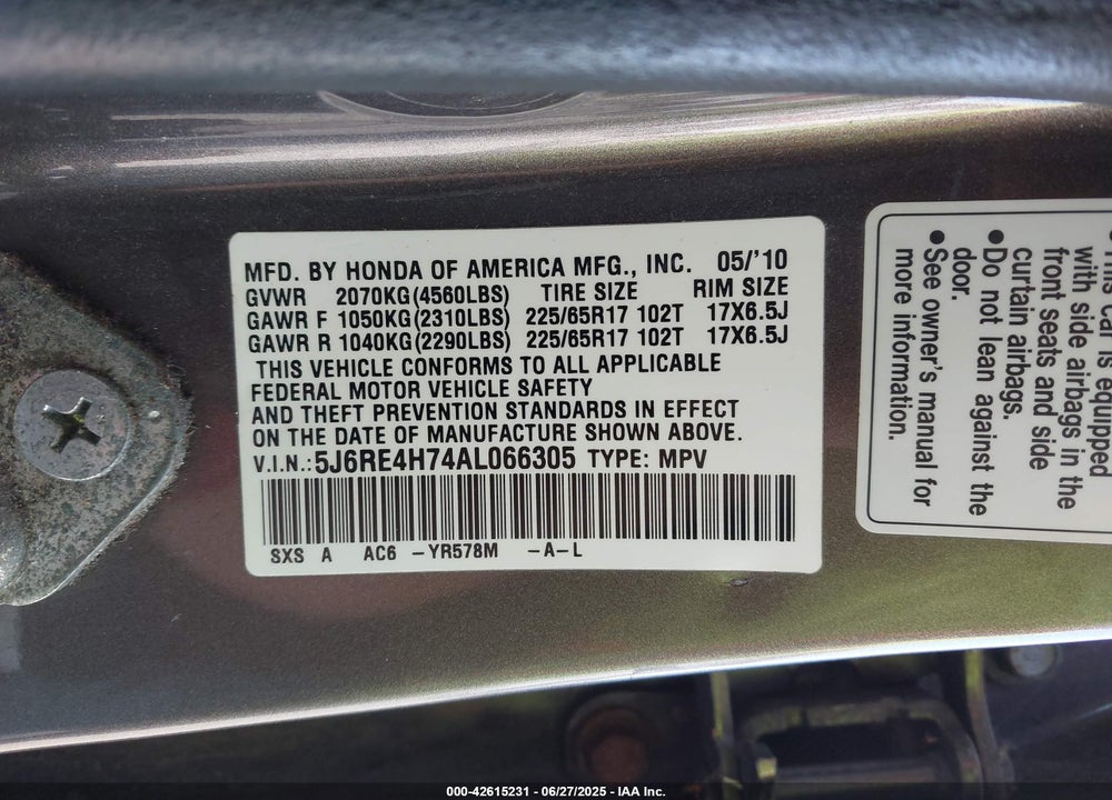 2010 HONDA CR-V VIN: 5J6RE4H74AL066305