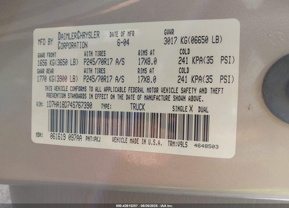 2004 DODGE RAM 1500 SLT/LARAMIE VIN: 1D7HA18D74S767390