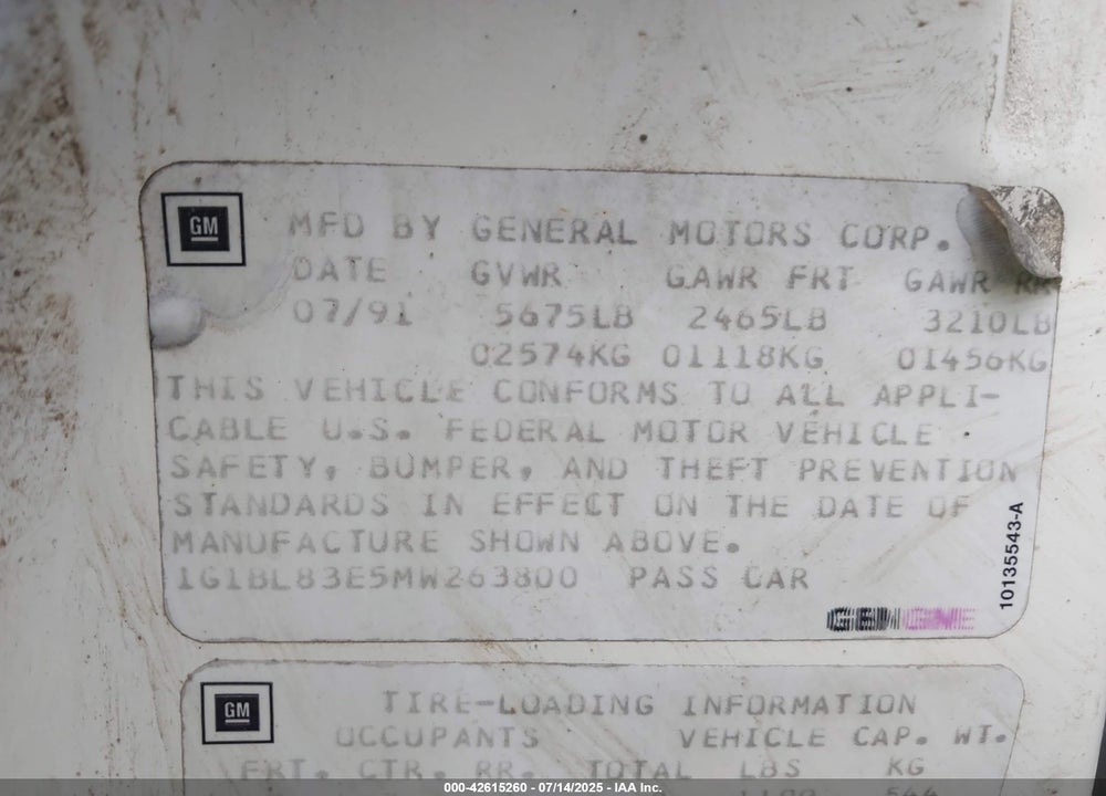 1991 CHEVROLET CAPRICE VIN: 1G1BL83E5MW263800