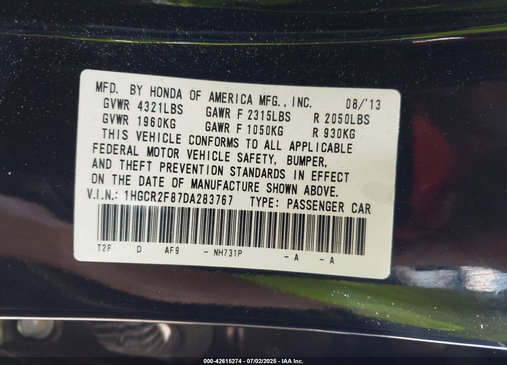 2013 HONDA ACCORD VIN: 1HGCR2F87DA283767
