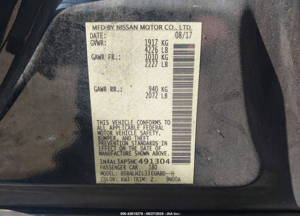 2017 NISSAN ALTIMA 2.5 SR VIN: 1N4AL3AP5HC491304