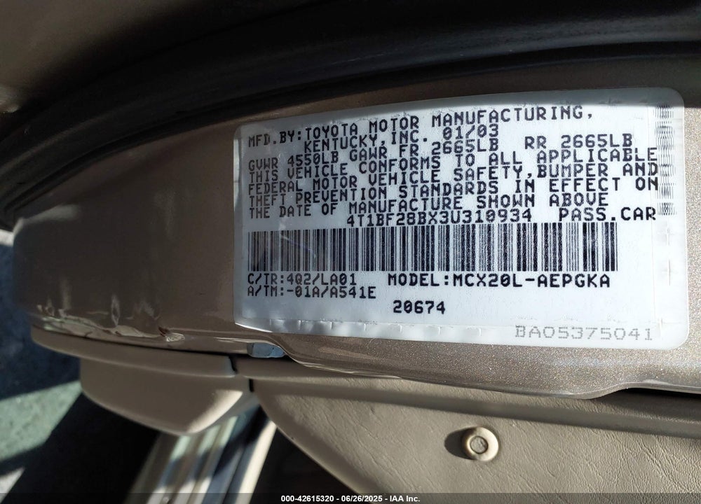 2003 TOYOTA AVALON XLS VIN: 4T1BF28BX3U310934