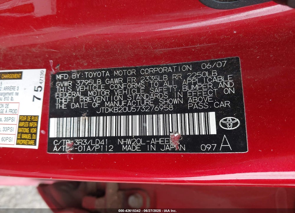 2007 TOYOTA PRIUS VIN: JTDKB20U573276958