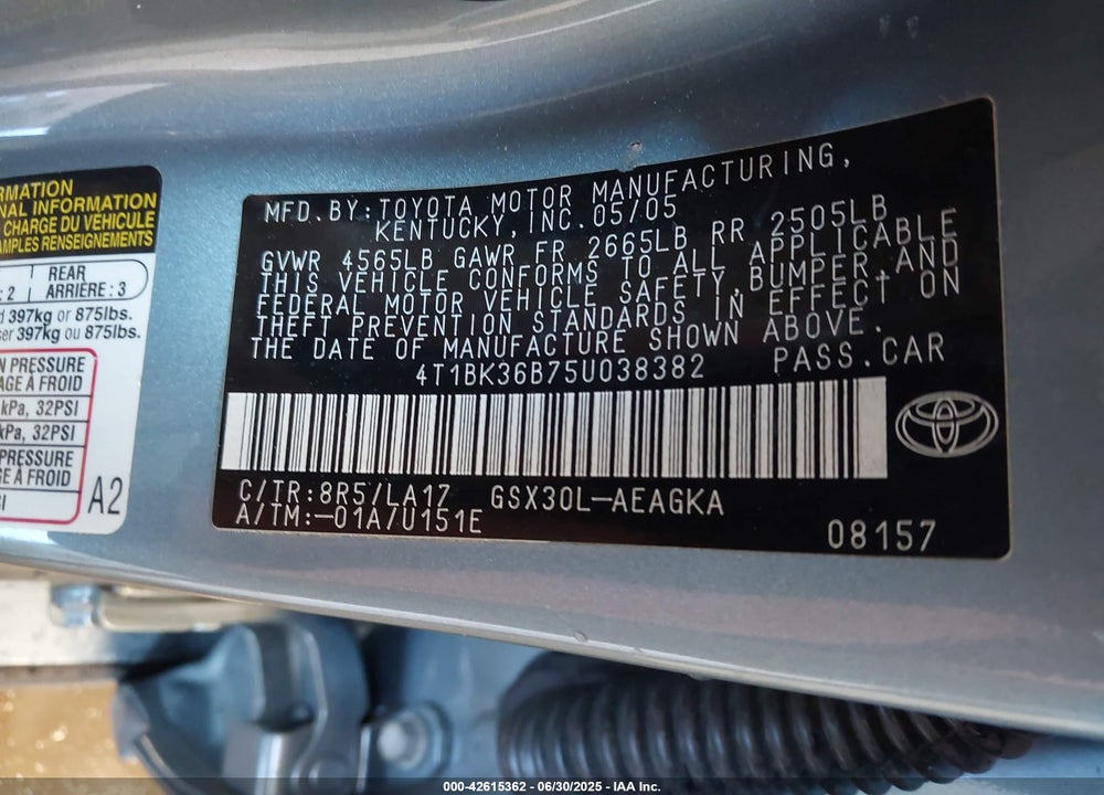 2005 TOYOTA AVALON XLS VIN: 4T1BK36B75U038382