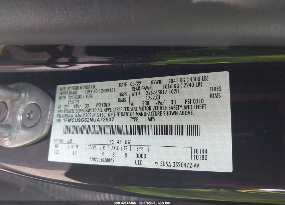 2022 FORD ESCAPE VIN: 1FMCU9G62NUA72507