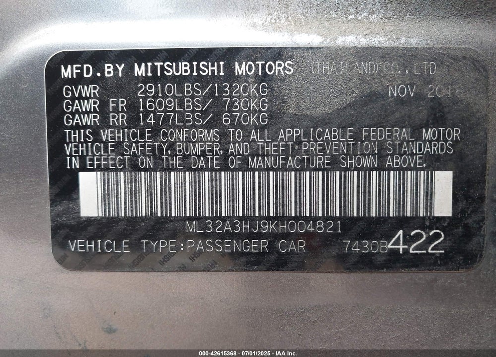 2019 MITSUBISHI MIRAGE VIN: ML32A3HJ9KH004821