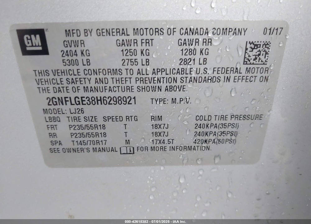 2017 CHEVROLET EQUINOX VIN: 2GNFLGE38H6298921