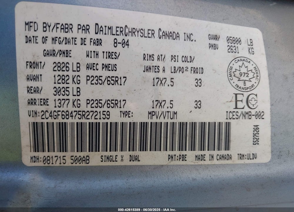 2005 CHRYSLER PACIFICA TOURING VIN: 2C4GF68475R272159