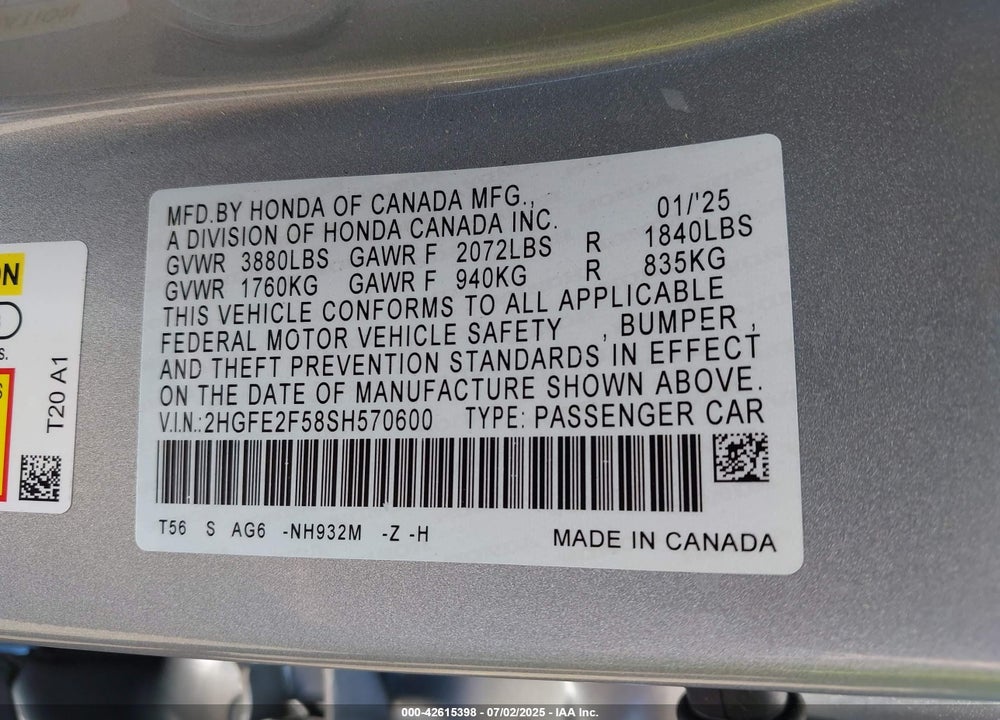 2025 HONDA CIVIC VIN: 2HGFE2F58SH570600
