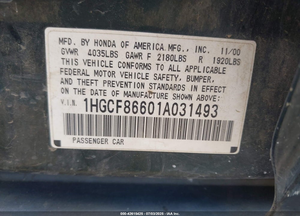 2001 HONDA ACCORD VALUE PACKAGE VIN: 1HGCF86601A031493