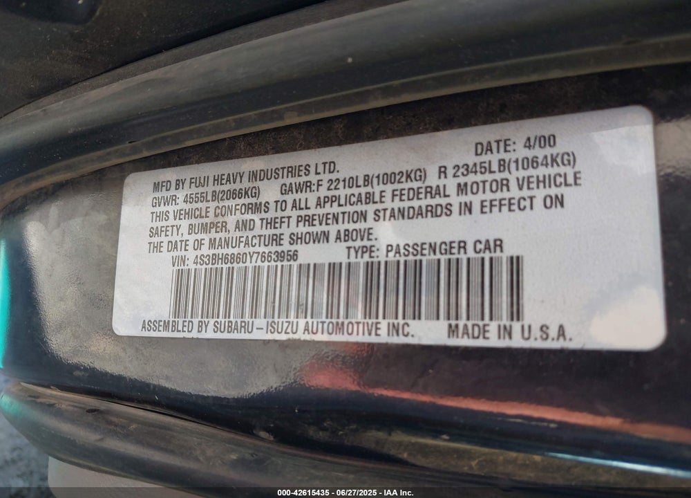 2000 SUBARU OUTBACK LIMITED VIN: 4S3BH6860Y7663956