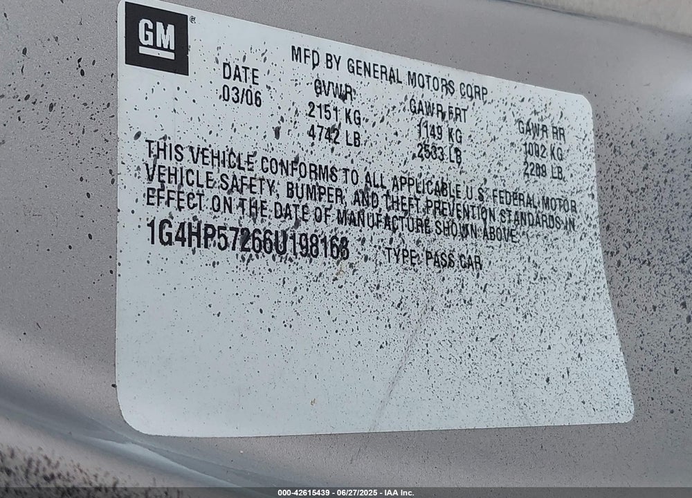 2006 BUICK LUCERNE VIN: 1G4HP57266U198163