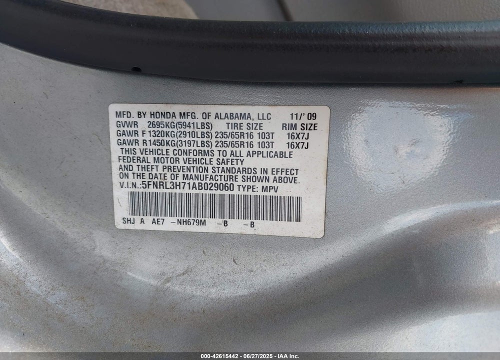 2010 HONDA ODYSSEY EX-L VIN: 5FNRL3H71AB029060
