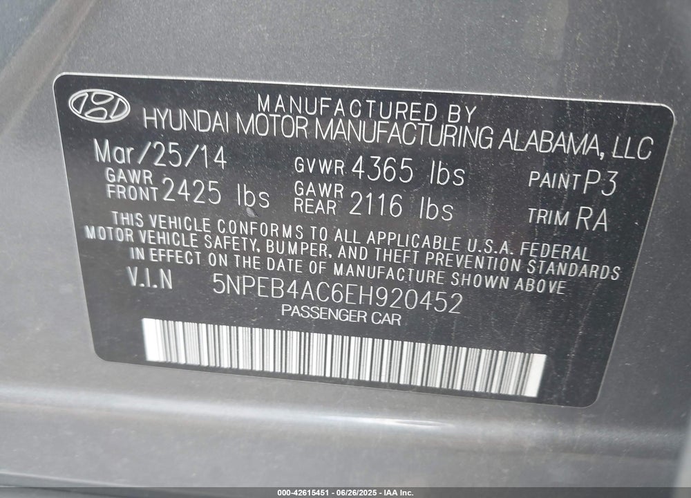 2014 HYUNDAI SONATA GLS VIN: 5NPEB4AC6EH920452