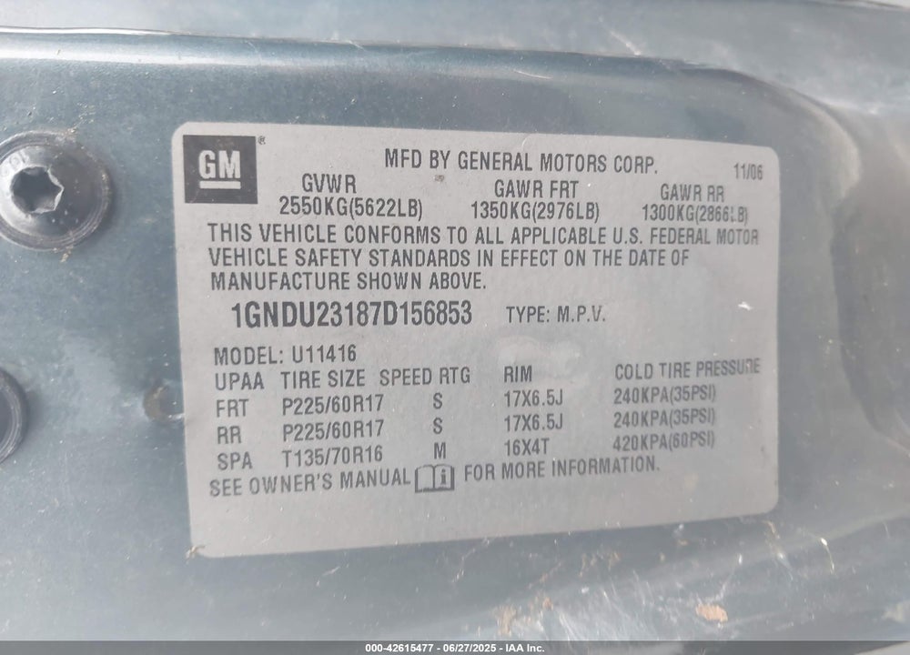 2007 CHEVROLET UPLANDER VIN: 1GNDU23187D156853