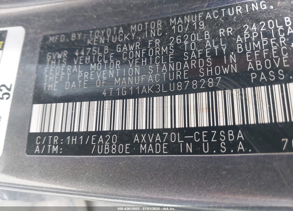 2020 TOYOTA CAMRY VIN: 4T1G11AK3LU878287
