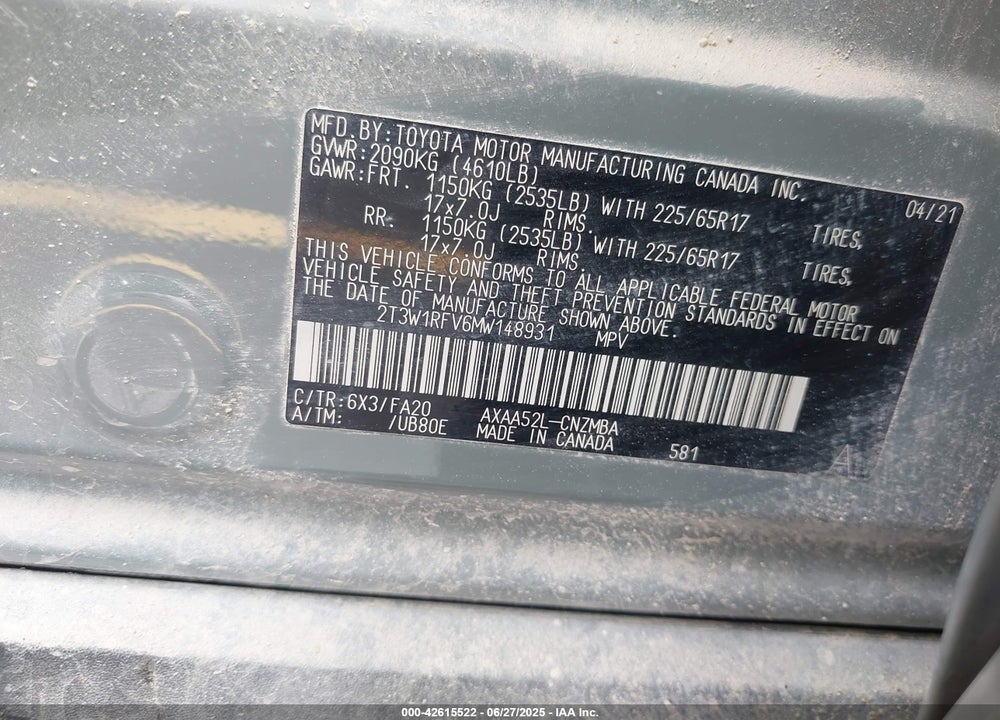 2021 TOYOTA RAV4 XLE VIN: 2T3W1RFV6MW148931