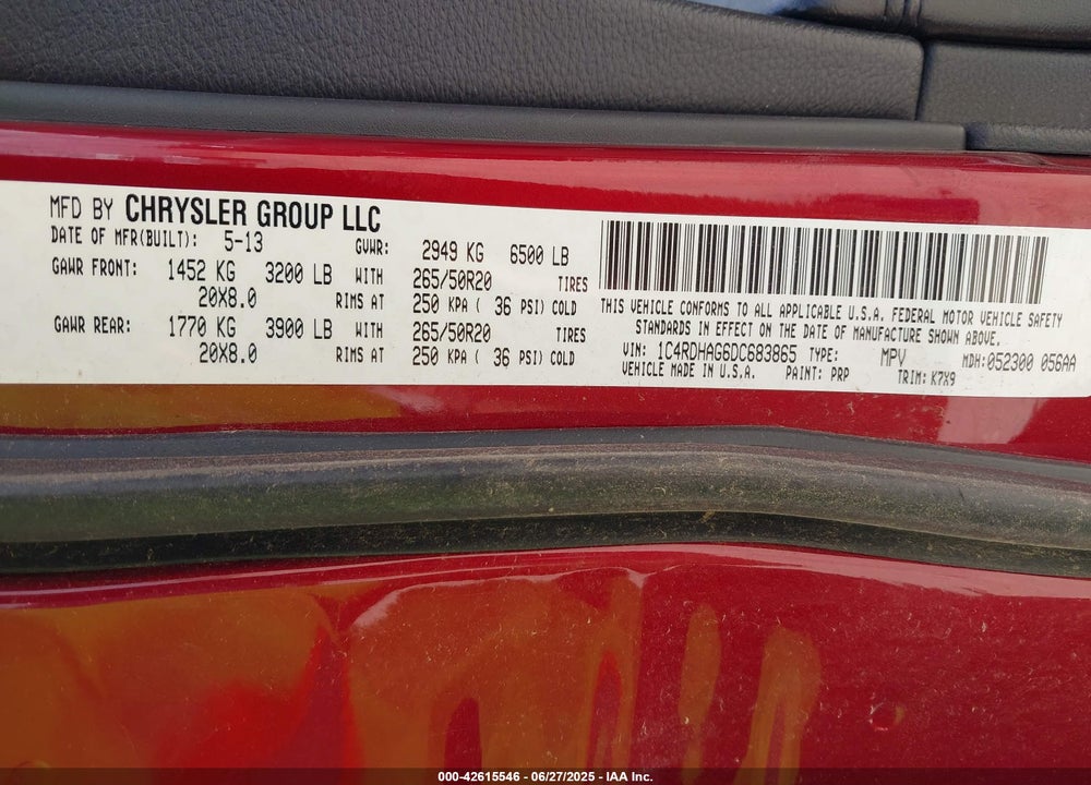 2013 DODGE DURANGO VIN: 1C4RDHAG6DC683865