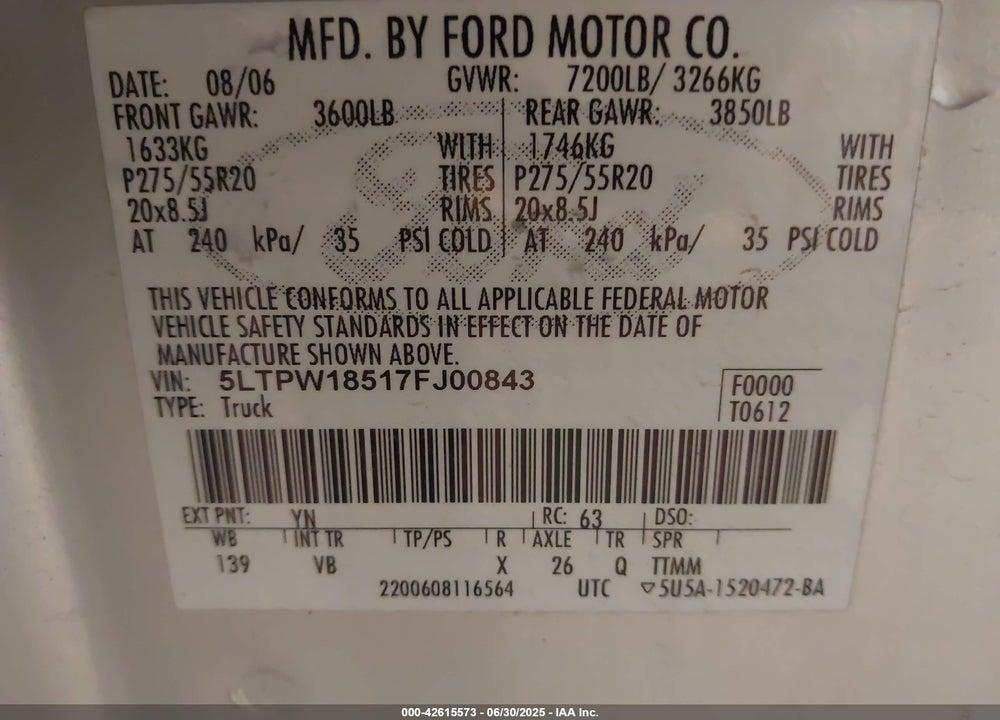 2007 LINCOLN MARK LT VIN: 5LTPW18517FJ00843