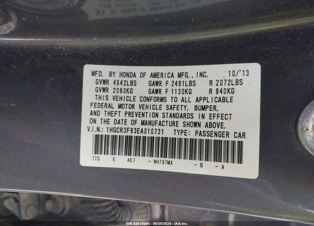 2014 HONDA ACCORD VIN: 1HGCR3F93EA010731