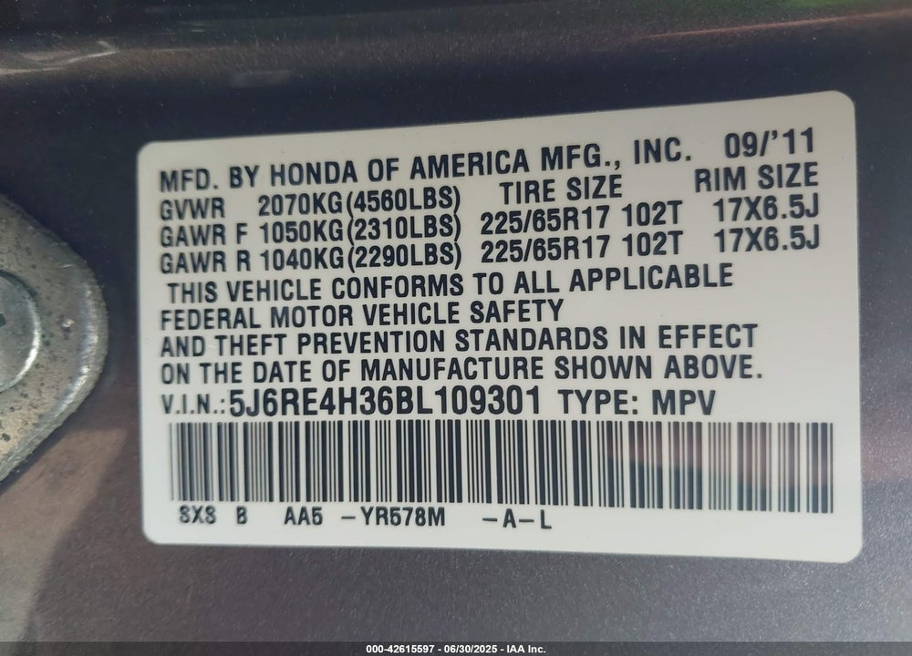 2011 HONDA CR-V LX VIN: 5J6RE4H36BL109301
