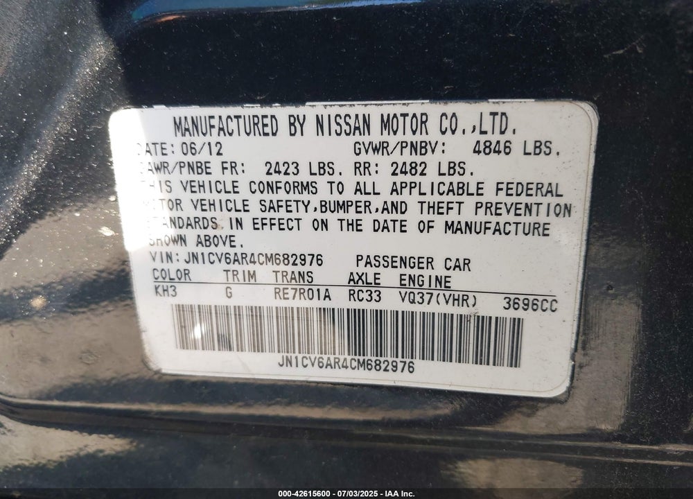 2012 INFINITI G37 VIN: JN1CV6AR4CM682976