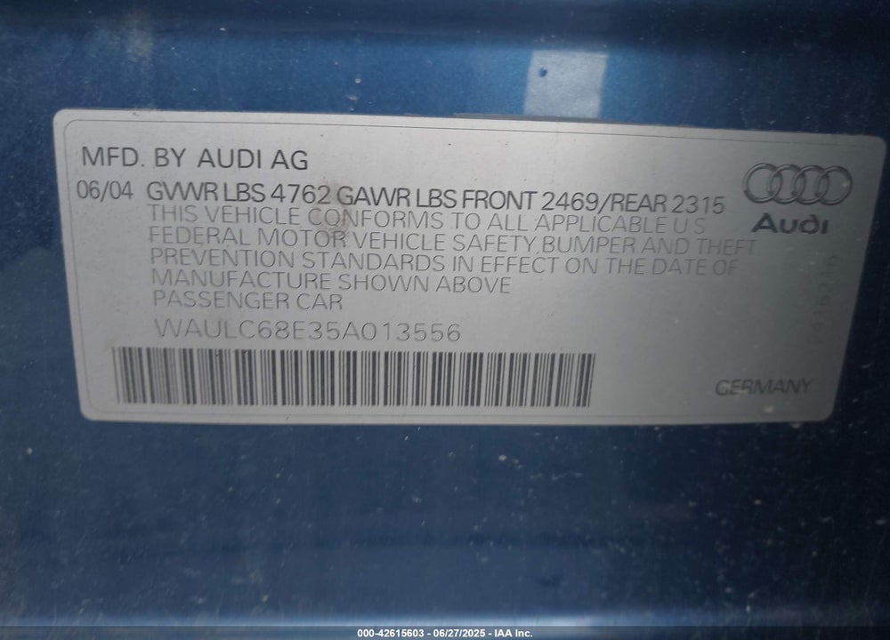 2005 AUDI A4 1.8T/1.8T SPECIAL EDITION VIN: WAULC68E35A013556