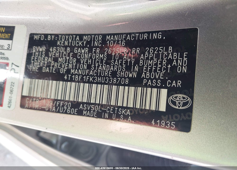 2017 TOYOTA CAMRY VIN: 4T1BF1FK3HU338708