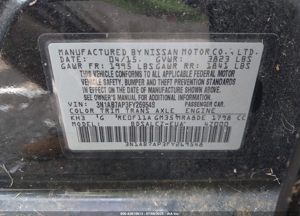 2015 NISSAN SENTRA VIN: 3N1AB7AP3FY269548