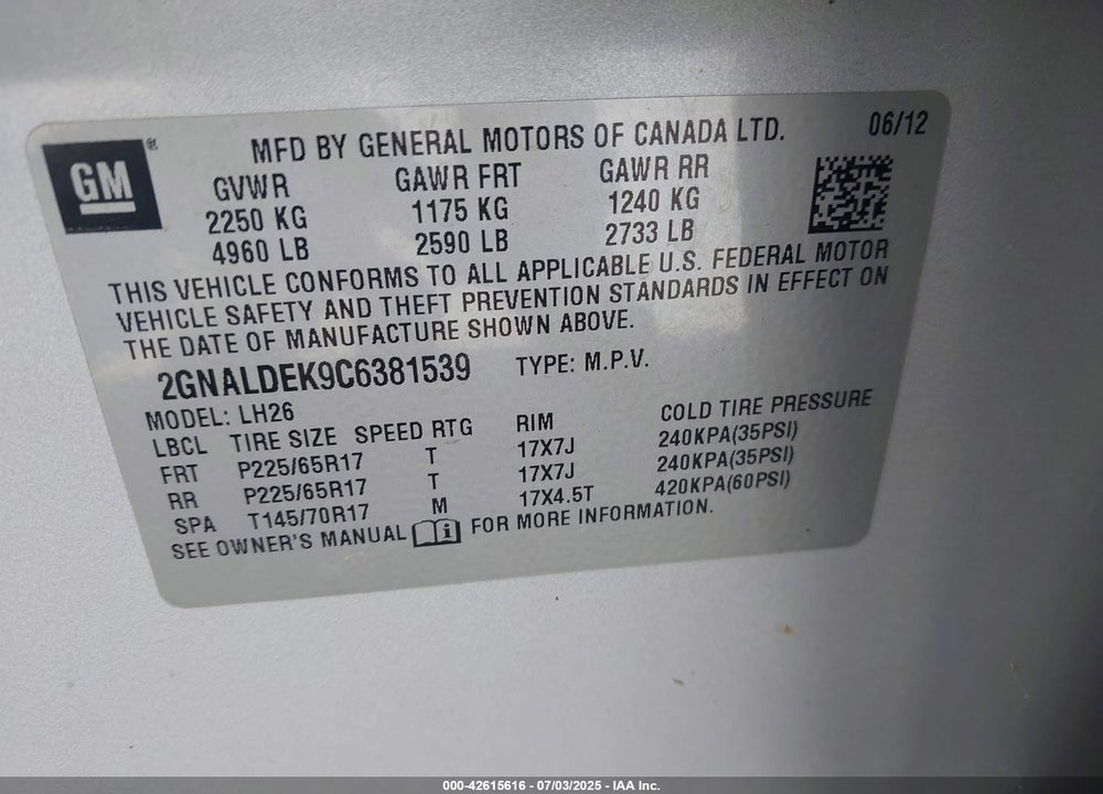 2012 CHEVROLET EQUINOX VIN: 2GNALDEK9C6381539