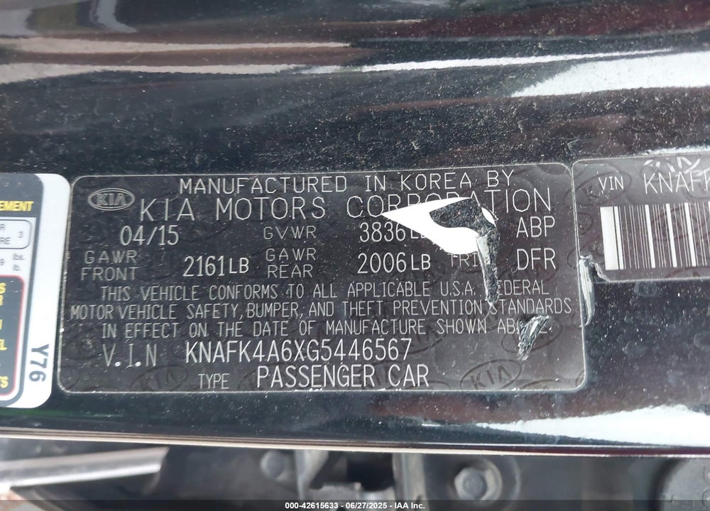 2016 KIA FORTE VIN: KNAFK4A6XG5446567