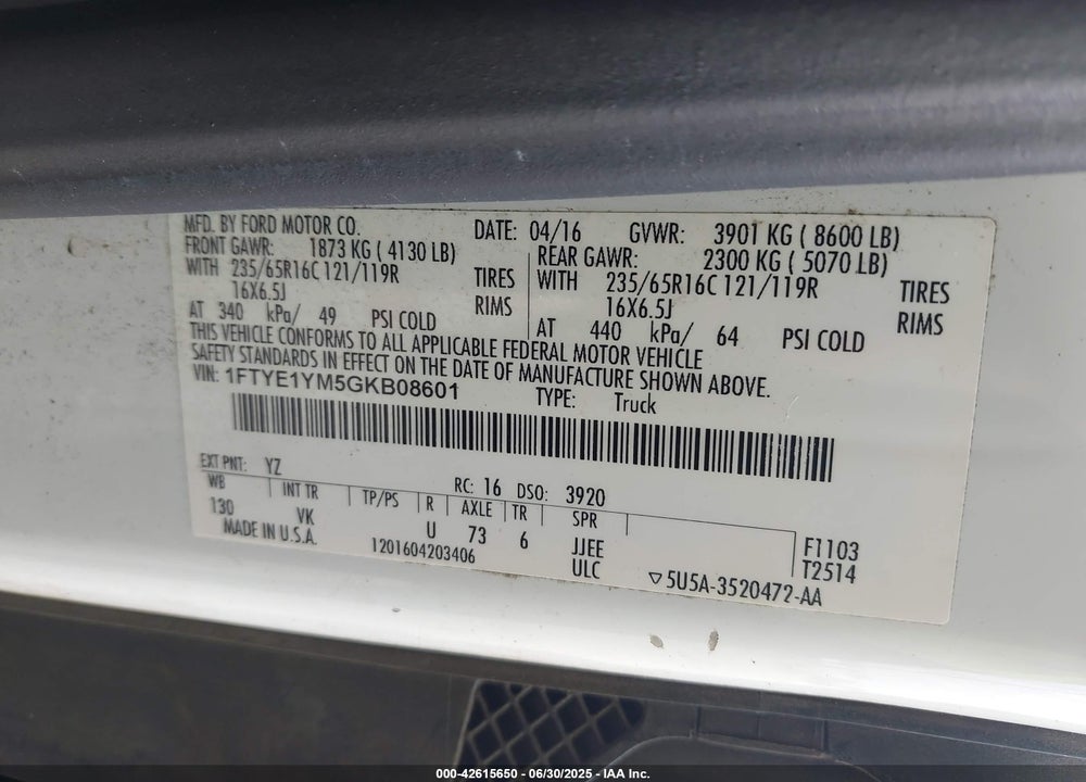 2016 FORD TRANSIT-150 VIN: 1FTYE1YM5GKB08601