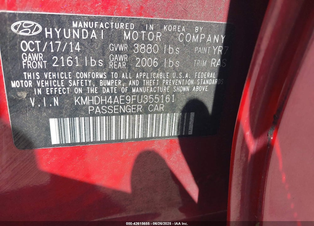 2015 HYUNDAI ELANTRA VIN: KMHDH4AE9FU355161