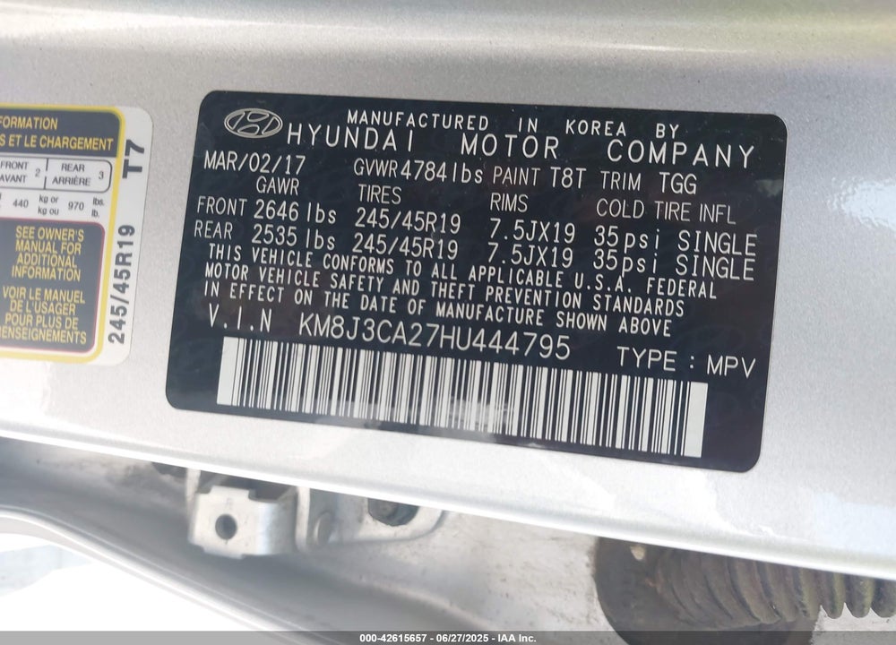 2017 HYUNDAI TUCSON VIN: KM8J3CA27HU444795