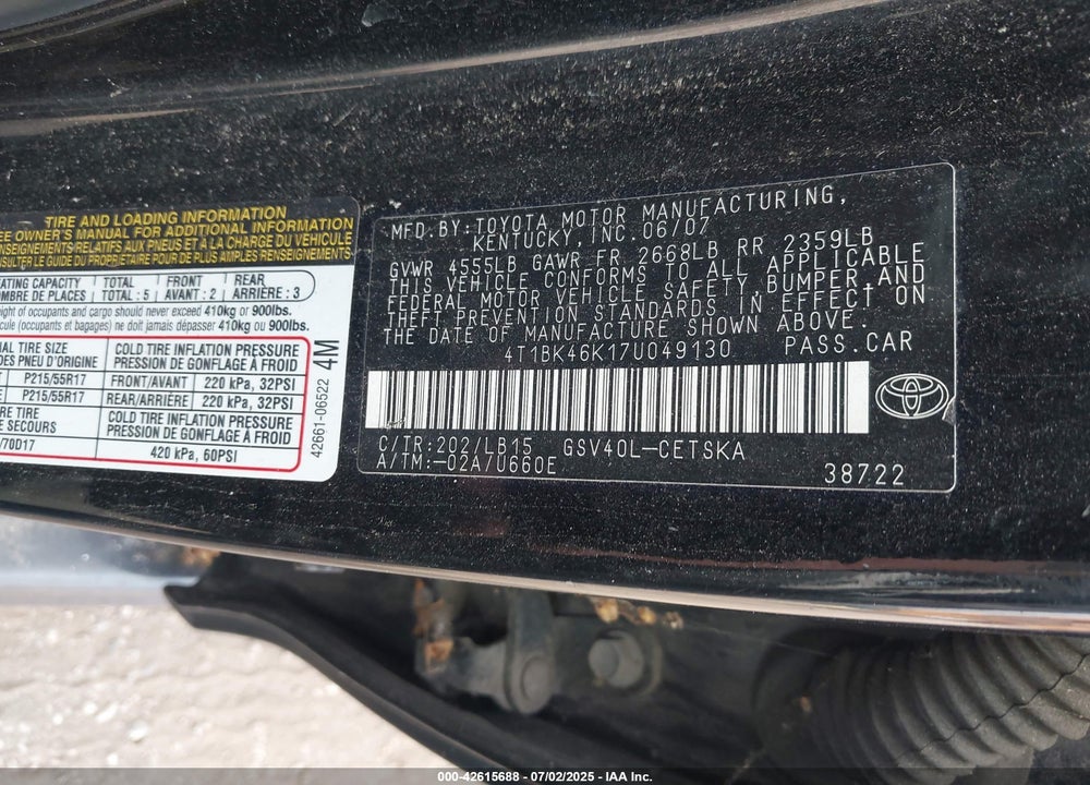 2007 TOYOTA CAMRY SE V6 VIN: 4T1BK46K17U049130