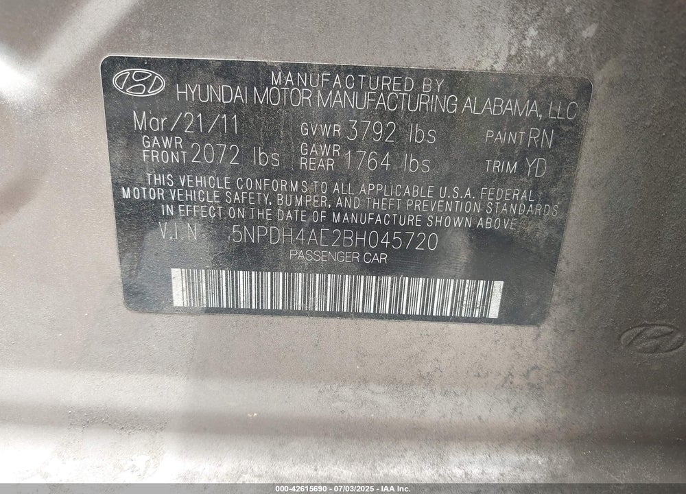 2011 HYUNDAI ELANTRA VIN: 5NPDH4AE2BH045720