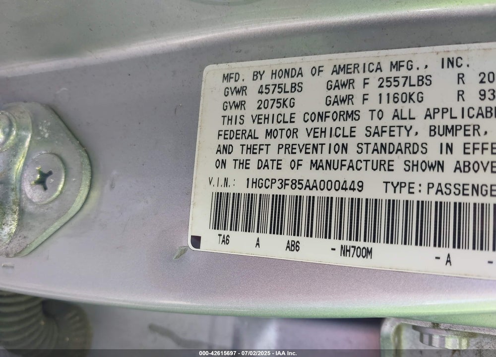 2010 HONDA ACCORD VIN: 1HGCP3F85AA000449