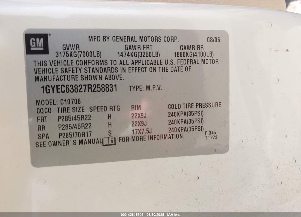 2007 CADILLAC ESCALADE VIN: 1GYEC63827R258831